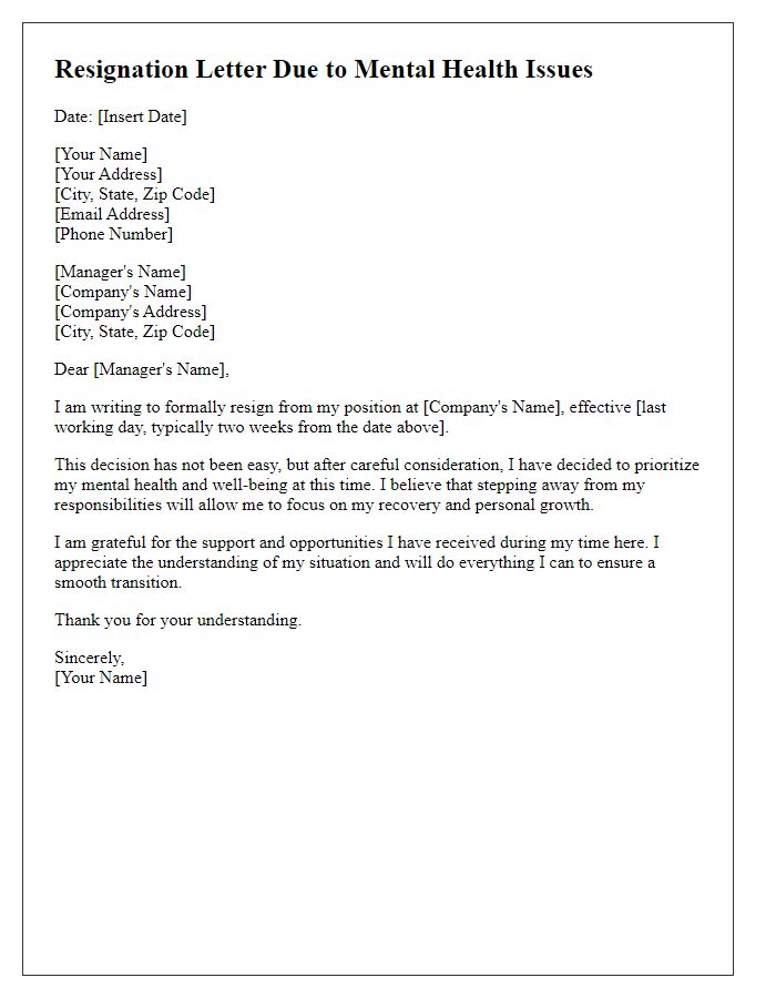 Letter template of resignation addressing mental health issues