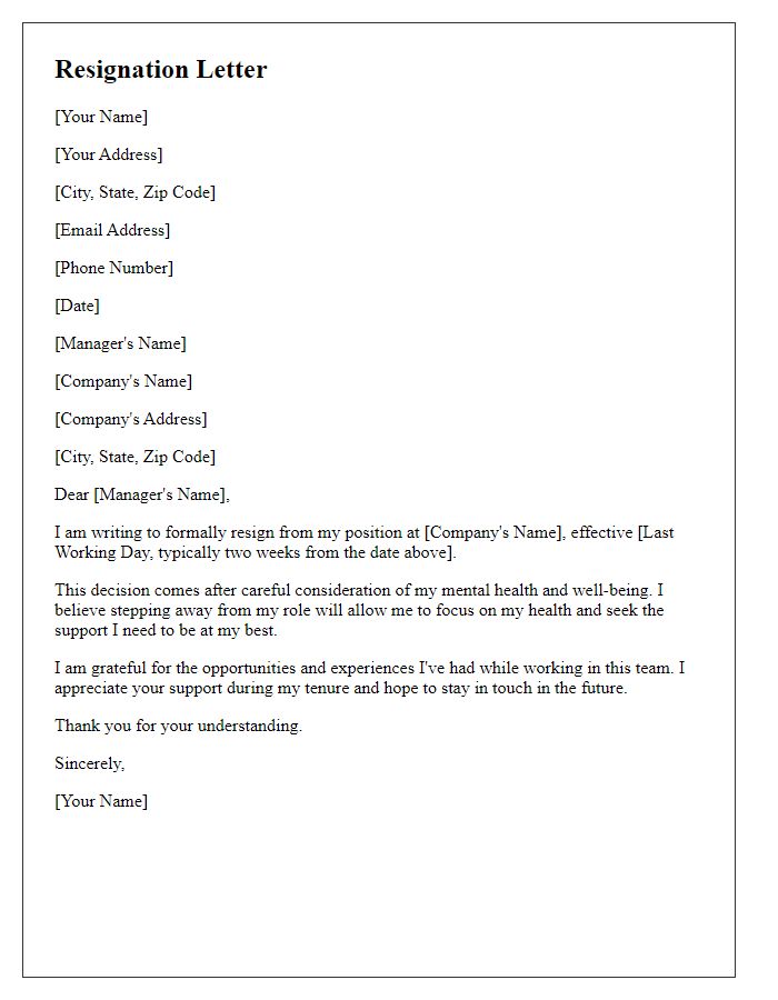 Letter template of resignation for better mental health support