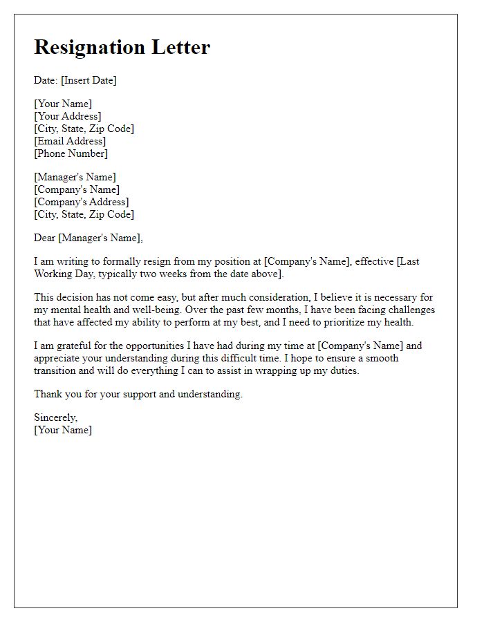 Letter template of resignation explaining mental health challenges