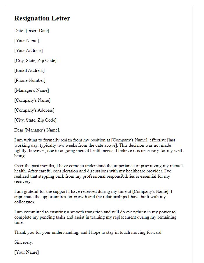 Letter template of resignation focusing on mental health needs