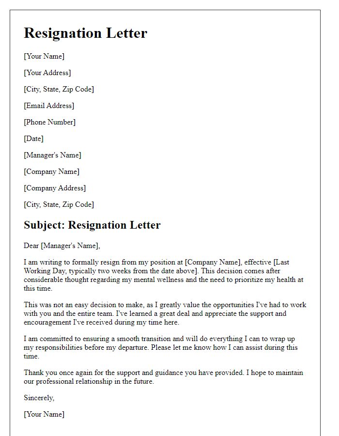 Letter template of resignation for mental wellness priorities