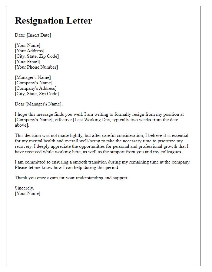 Letter template of resignation prioritizing mental health recovery