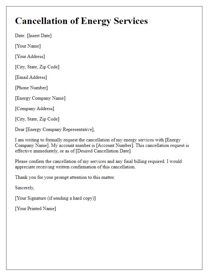 Letter template of cancellation of energy services