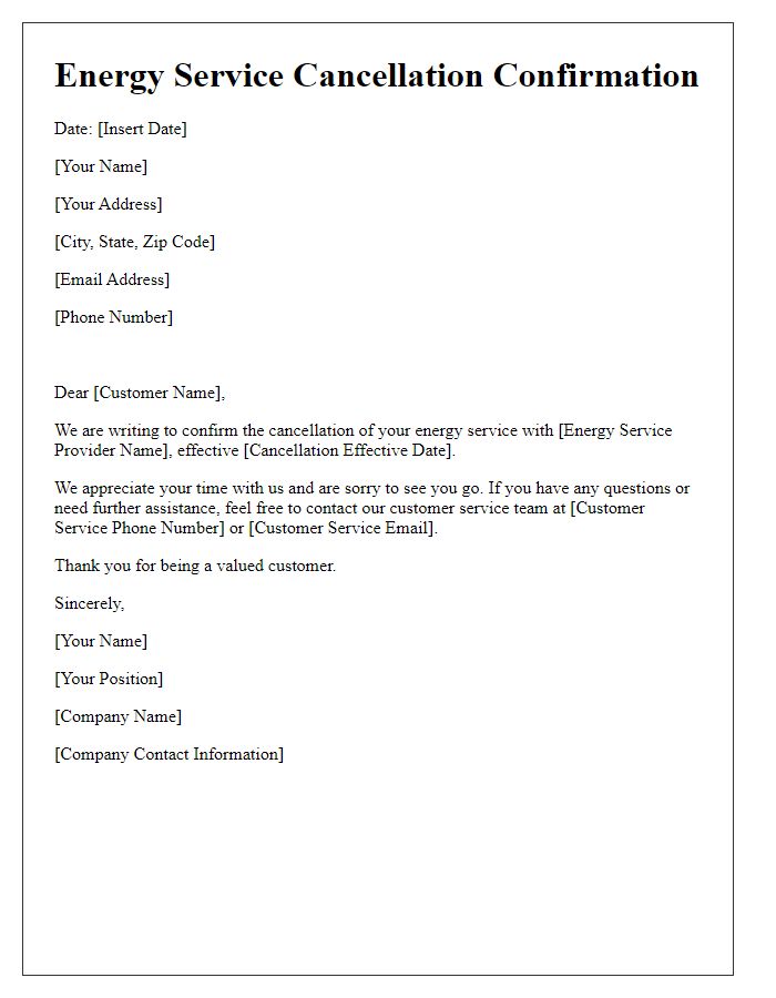 Letter template of energy service cancellation confirmation