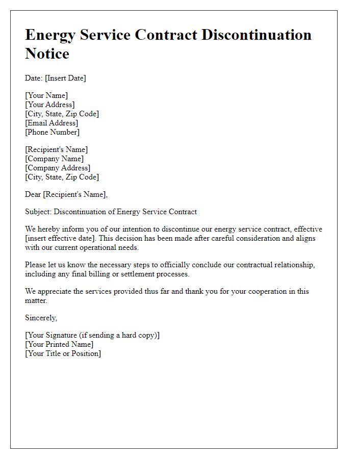 Letter template of energy service contract discontinuation