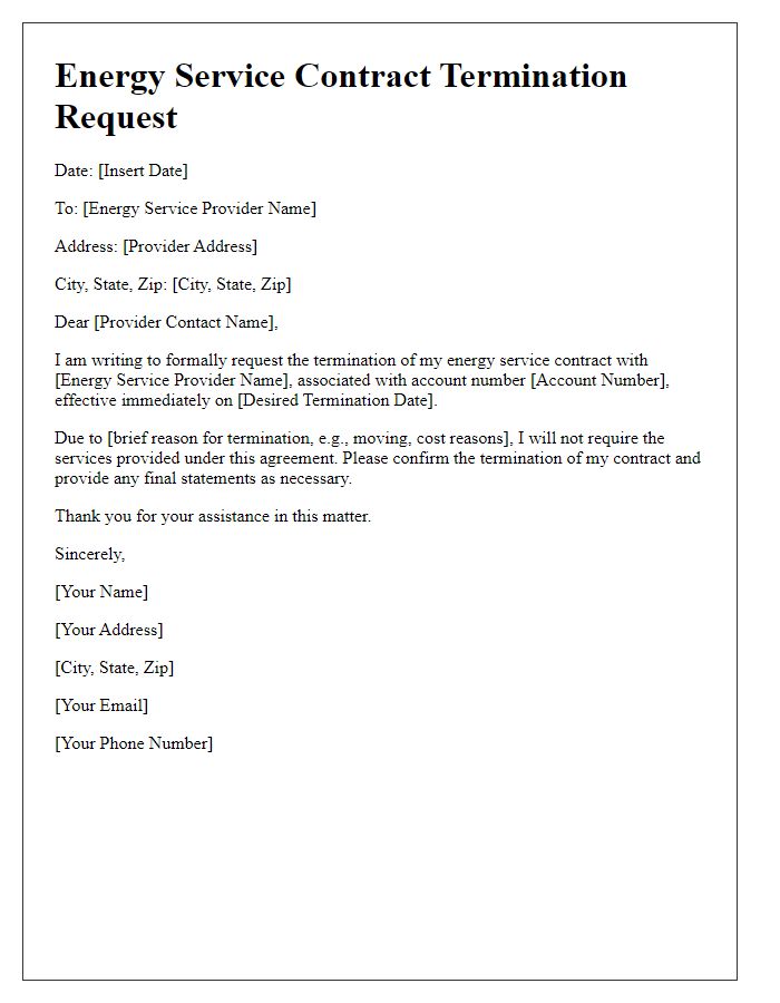 Letter template of energy service contract termination request