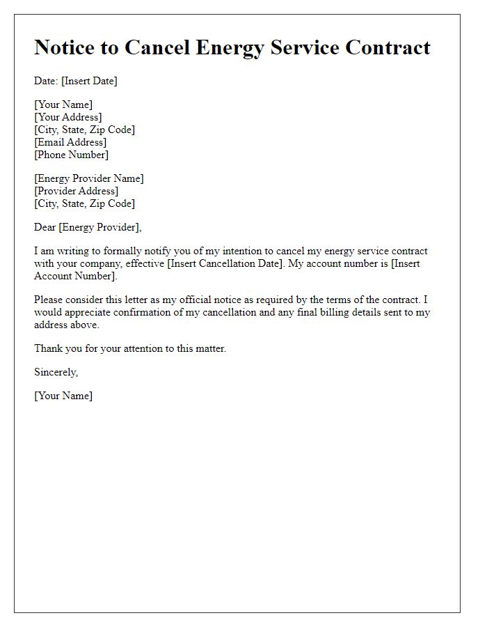 Letter template of notice to cancel energy service contract