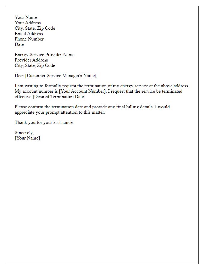 Letter template of request for energy service termination