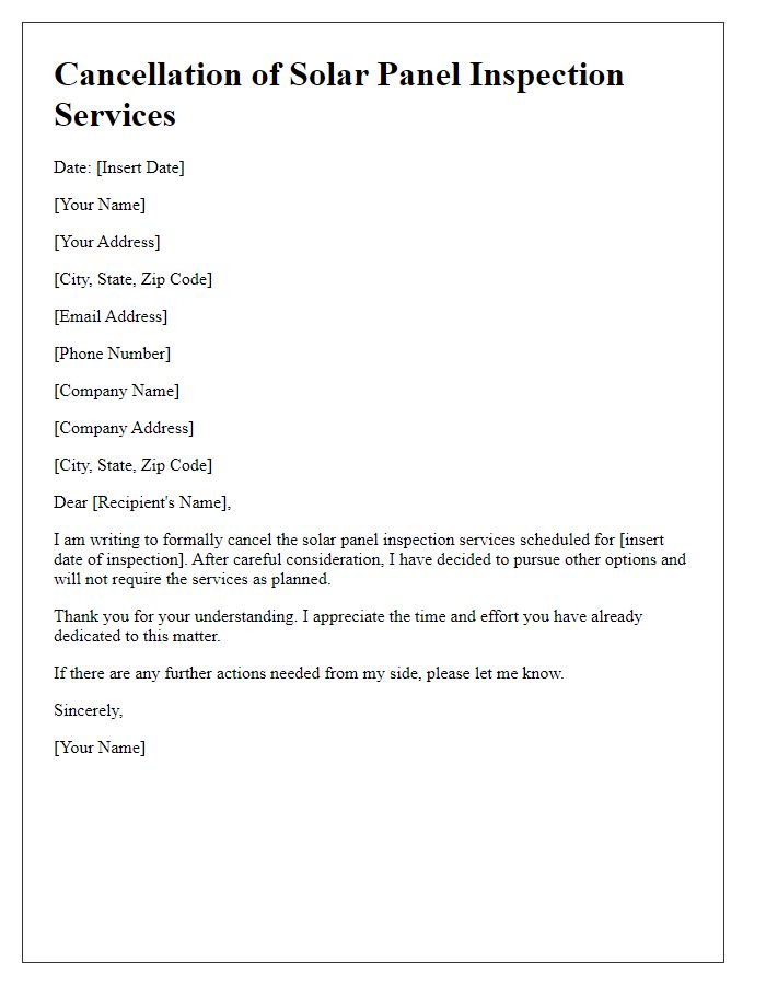 Letter template of cancellation of solar panel inspection services.