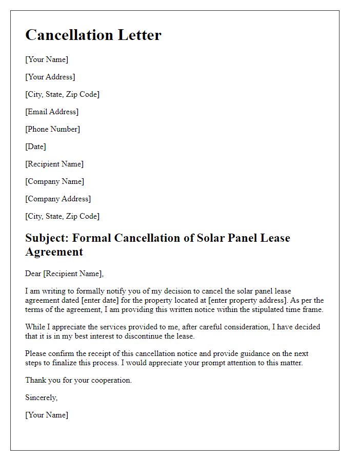 Letter template of formal cancellation of solar panel lease agreement.