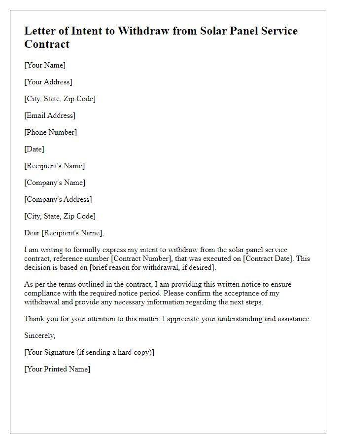 Letter template of intent to withdraw from solar panel service contract.