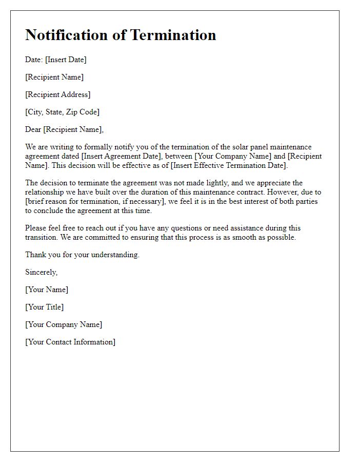 Letter template of notification to end solar panel maintenance agreement.