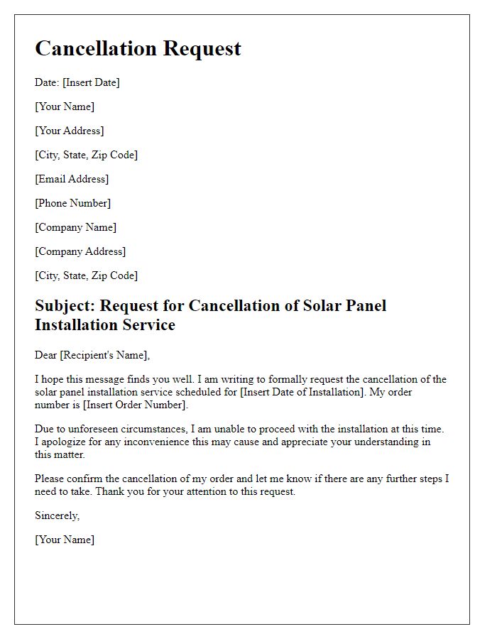 Letter template of request to cancel solar panel installation service.