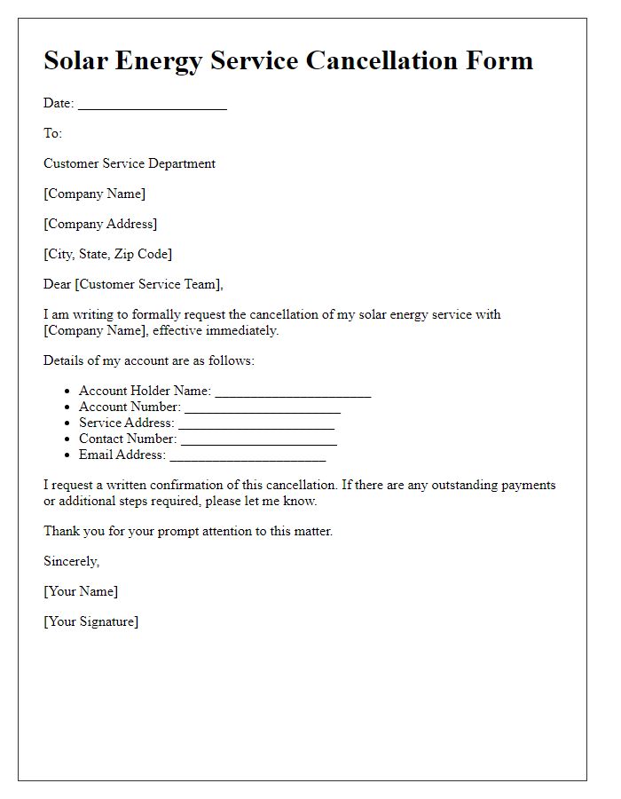 Letter template of solar energy service cancellation form.