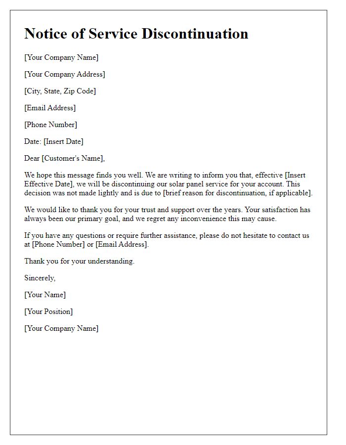 Letter template of solar panel service discontinuation notice.