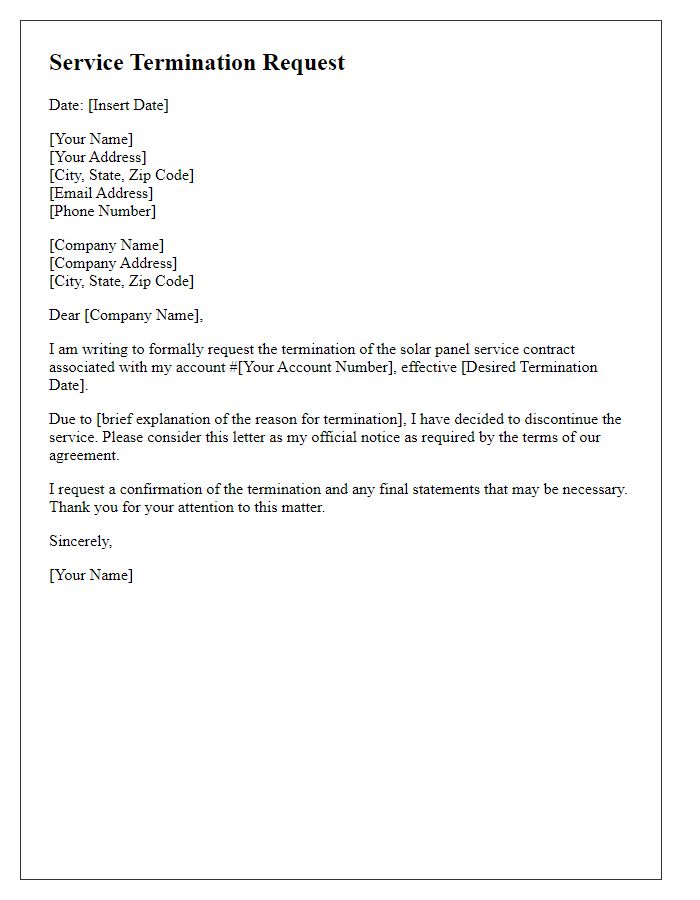 Letter template of solar panel service termination request.