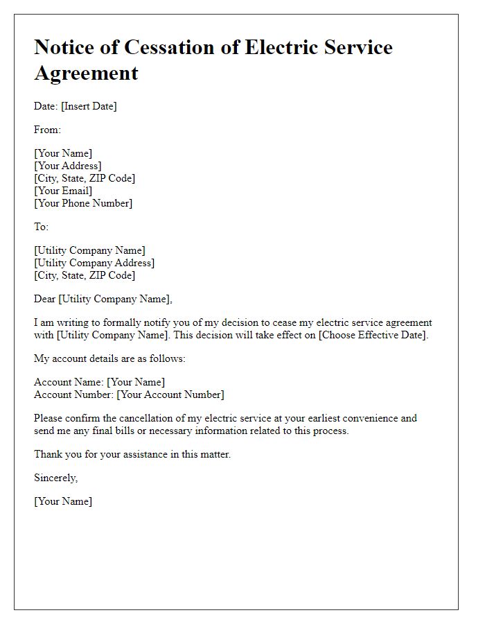 Letter template of cessation of electric service agreement