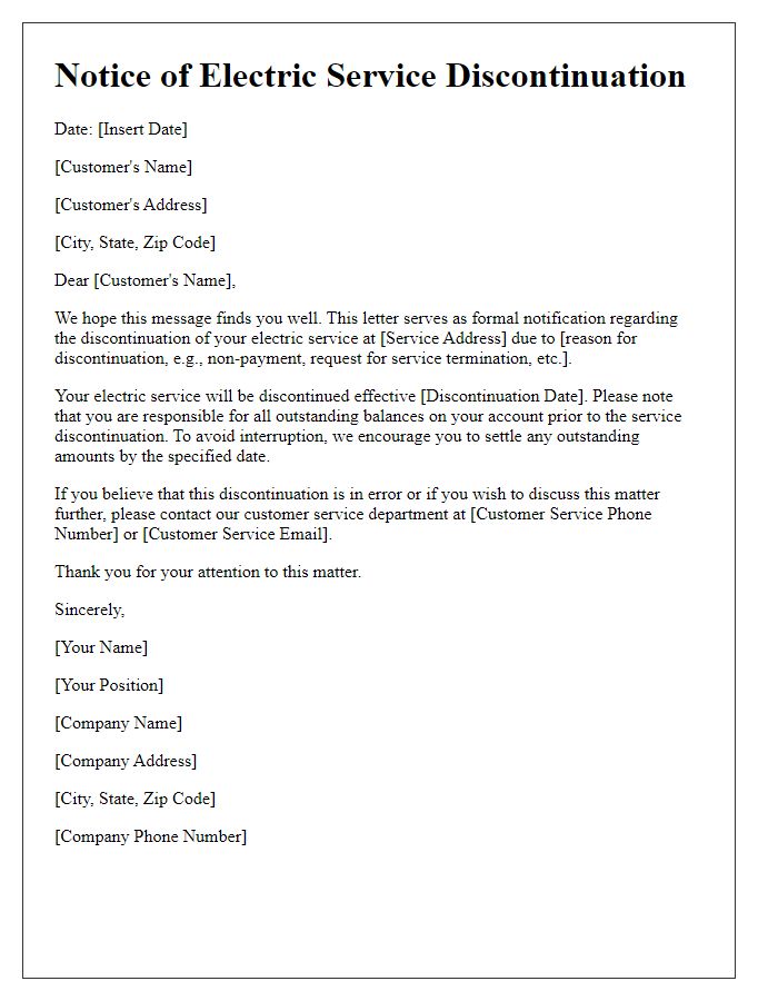 Letter template of electric service discontinuation