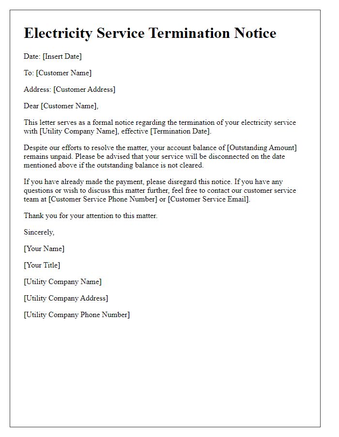 Letter template of electricity service termination notice