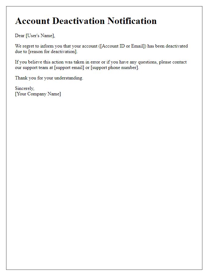 Letter template of notification for account deactivation
