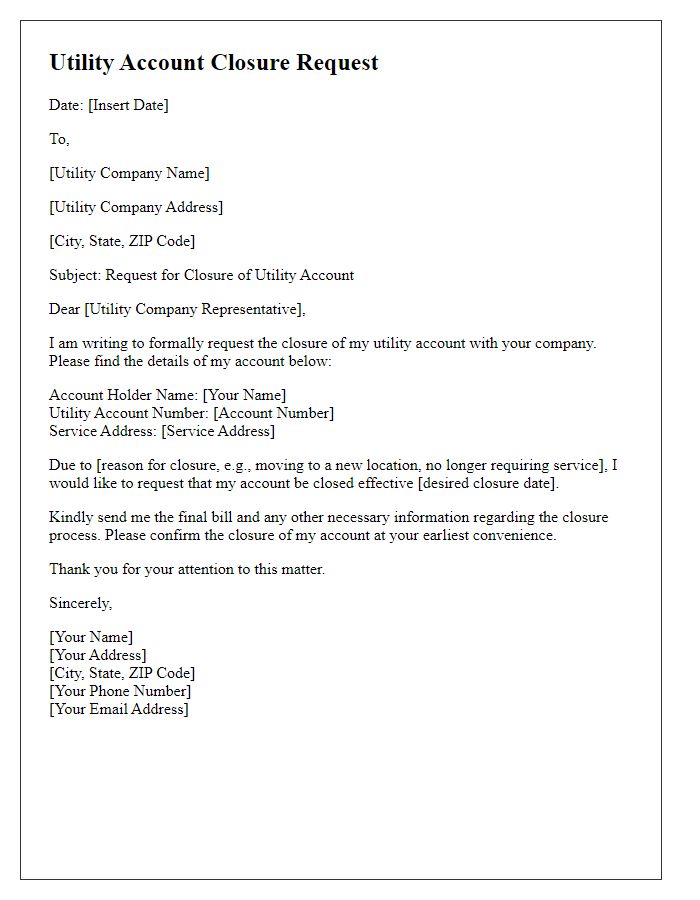 Letter template of utility account closure