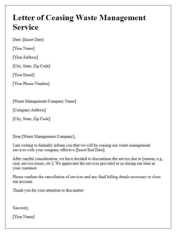 Letter template of ceasing waste management service.