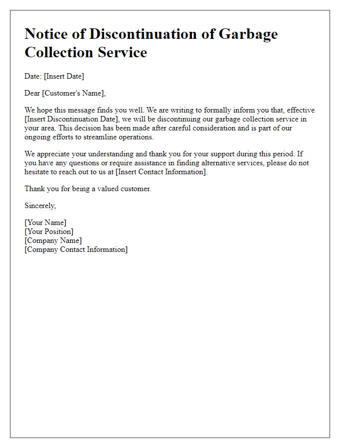 Letter template of discontinuation of garbage collection service.