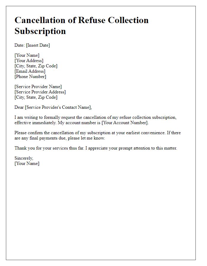 Letter template of ending refuse collection subscription.