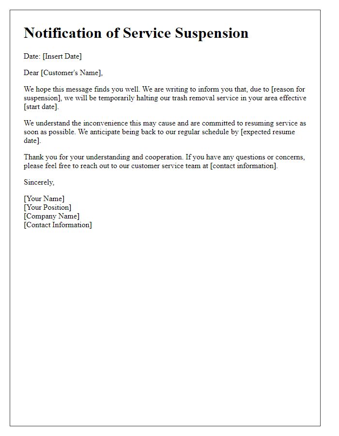 Letter template of halting trash removal service.