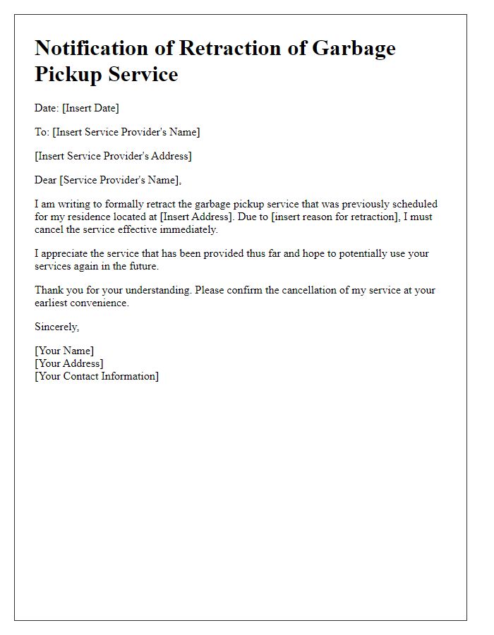 Letter template of retracting garbage pickup service.