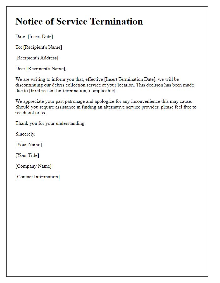 Letter template of stopping debris collection service.