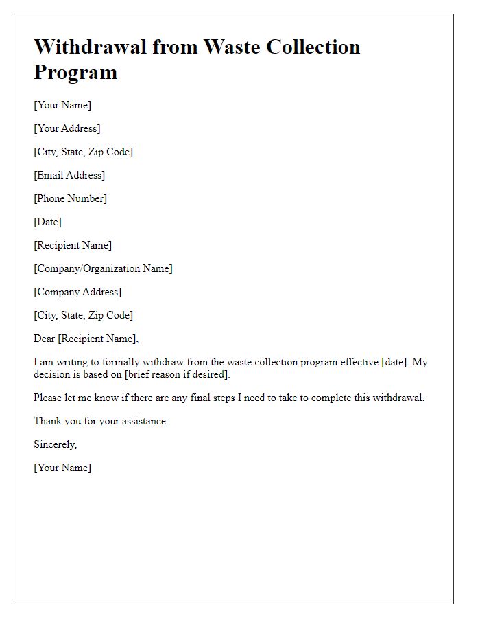 Letter template of withdrawing from waste collection program.