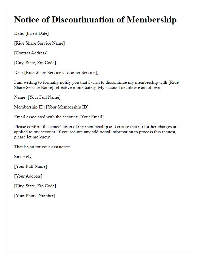 Letter template of discontinuing ride share service membership.