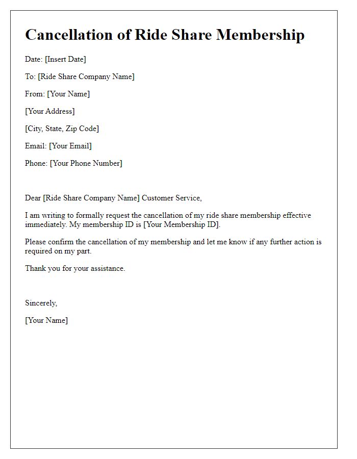 Letter template of ending ride share membership.