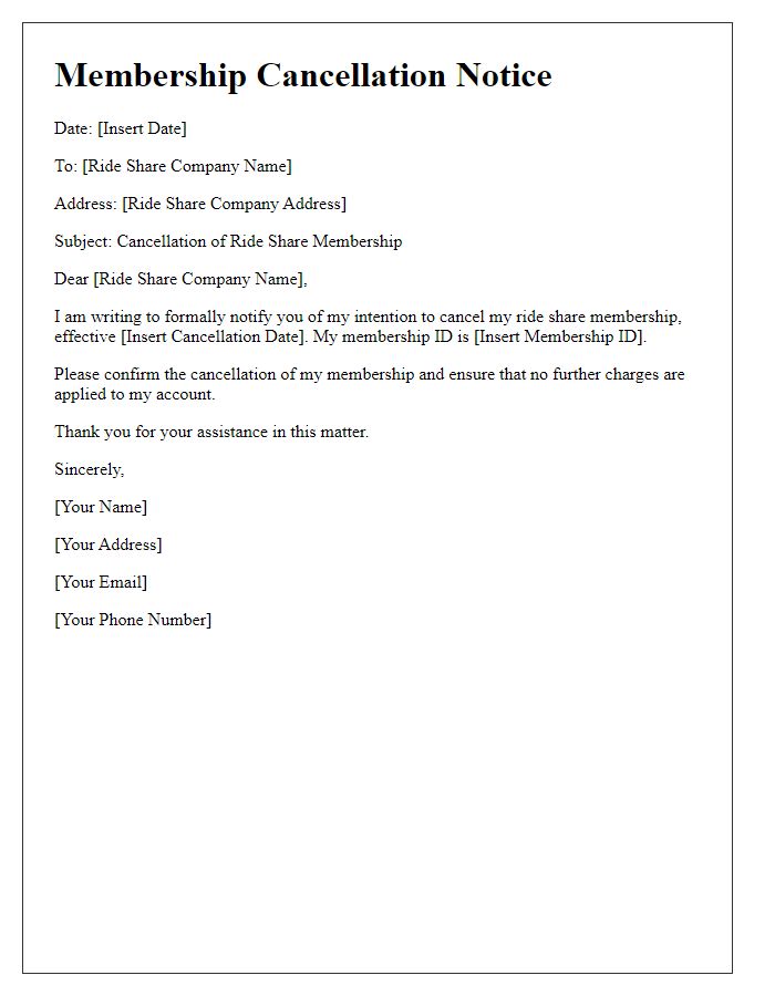 Letter template of notice for ride share membership cancellation.