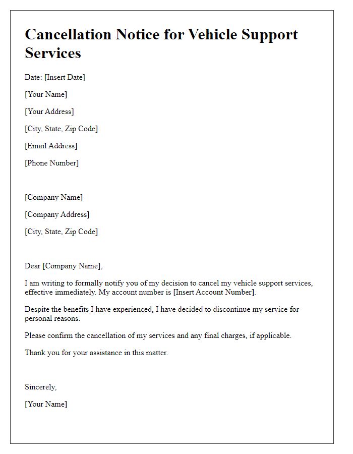 Letter template of cancellation notice for vehicle support services.