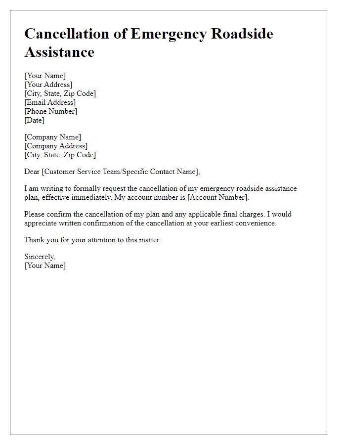 Letter template of cancellation of emergency roadside assistance.