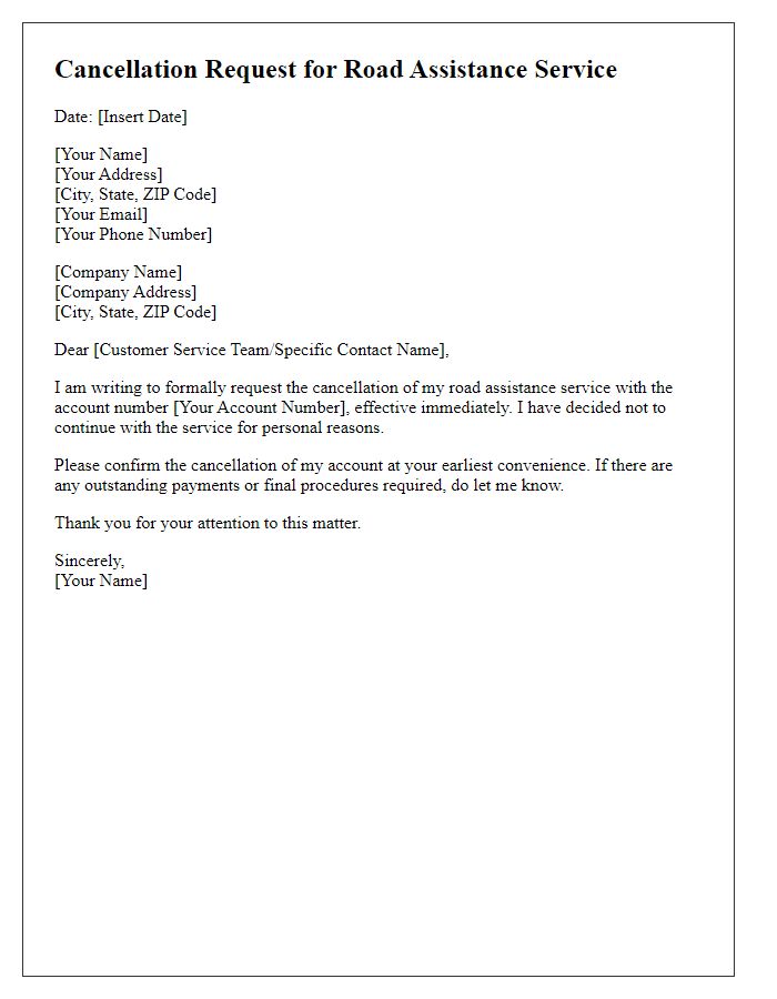 Letter template of cancellation request for road assistance service.