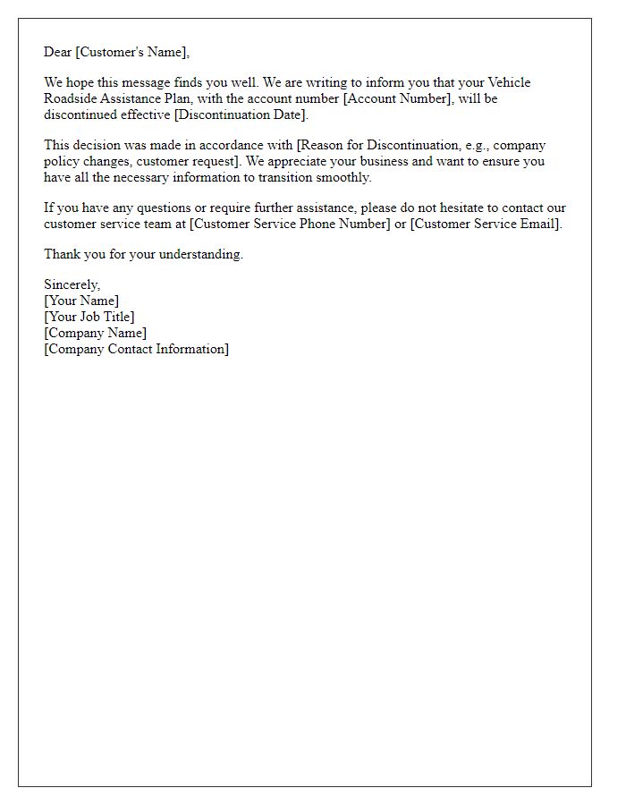 Letter template of discontinuation of vehicle roadside assistance plan.