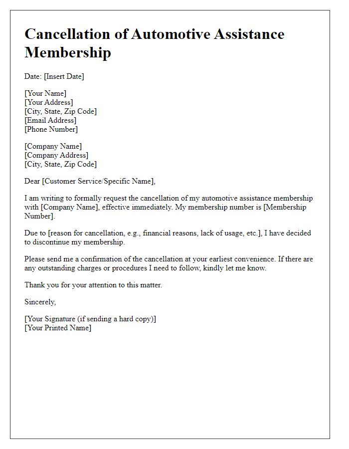 Letter template of formal cancellation for automotive assistance membership.