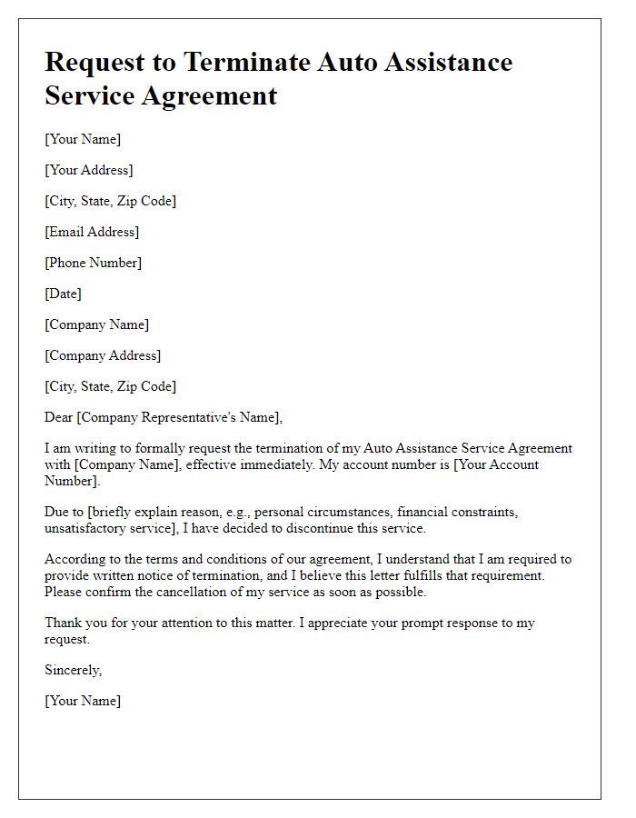 Letter template of request to end auto assistance service agreement.