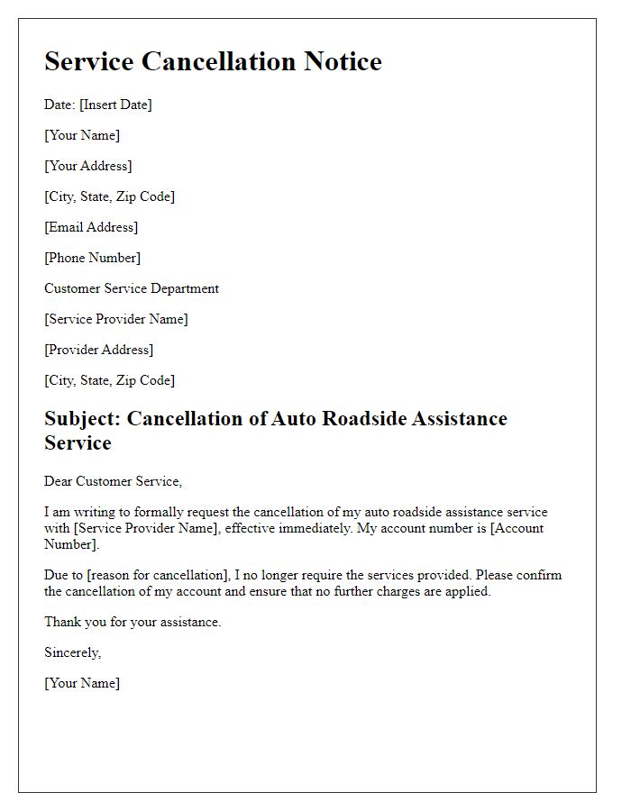 Letter template of service cancellation for auto roadside assistance.