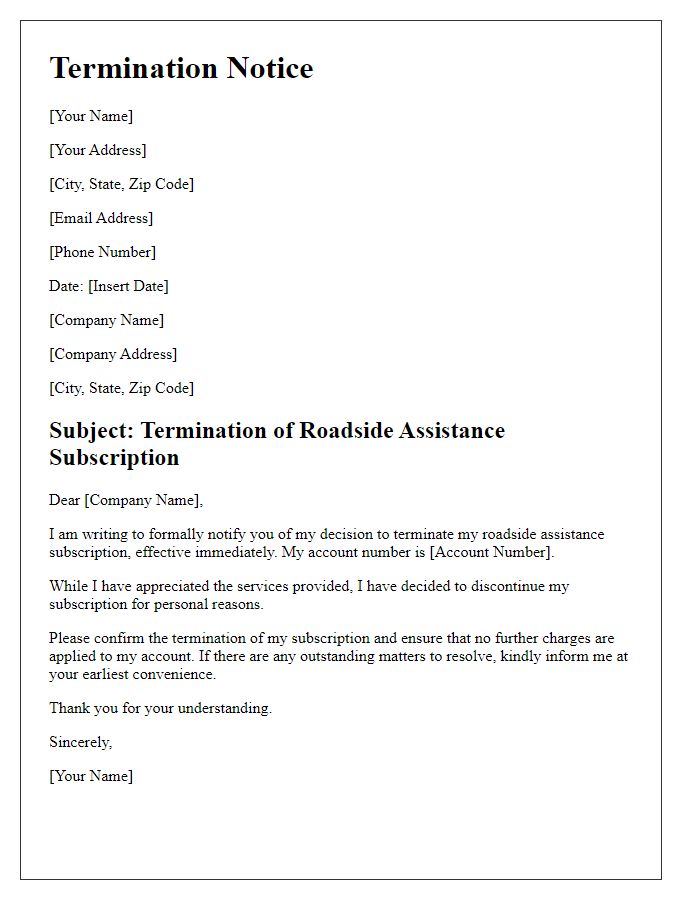 Letter template of termination notice for roadside assistance subscription.