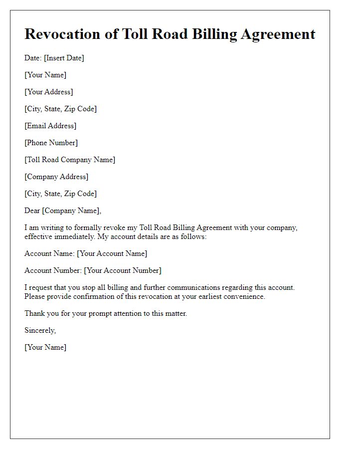 Letter template of revocation of toll road billing agreement.