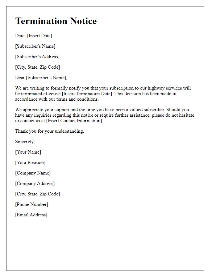 Letter template of termination notice for highway subscription.