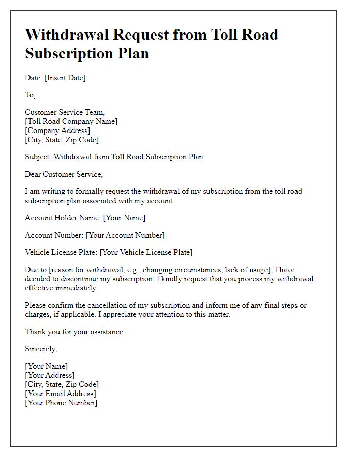 Letter template of withdrawal from toll road subscription plan.