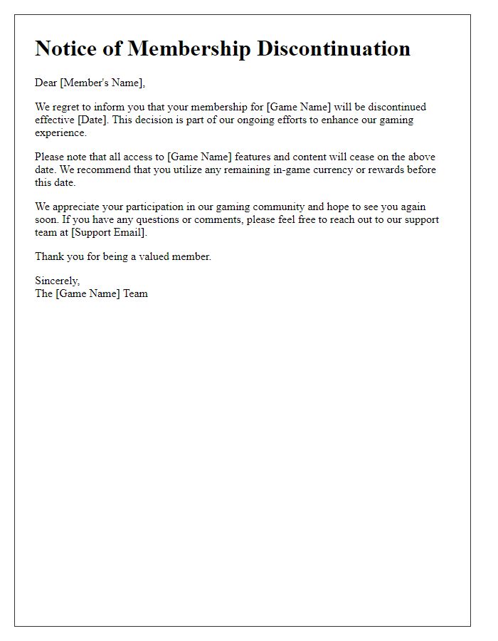 Letter template of notice for online game membership discontinuation.