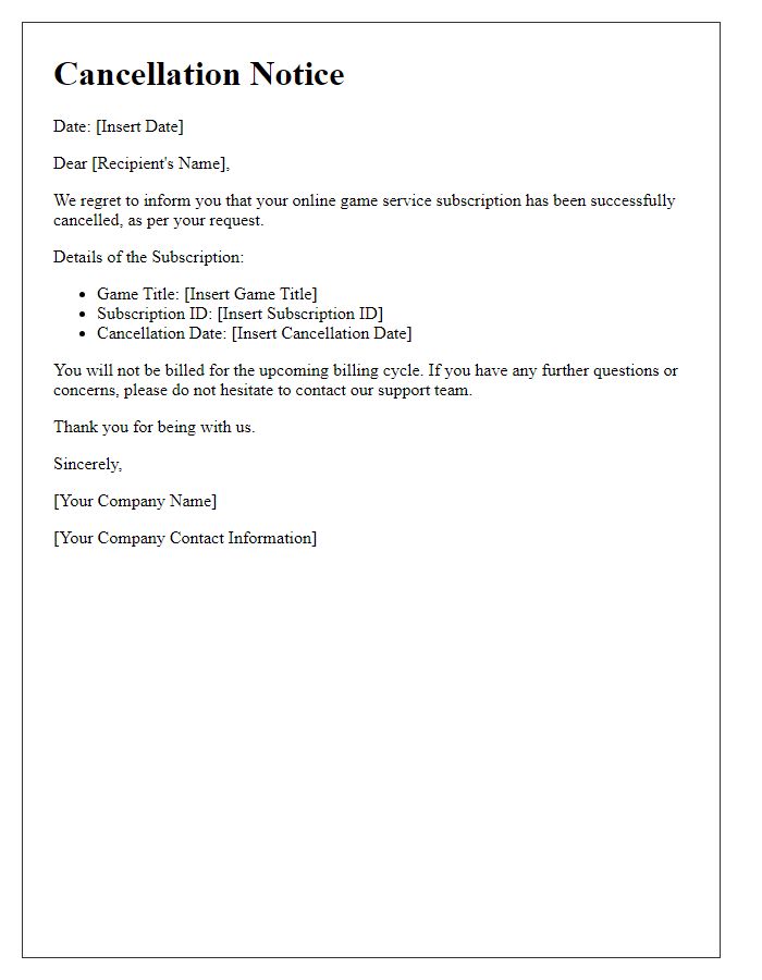 Letter template of online game service cancellation notice.