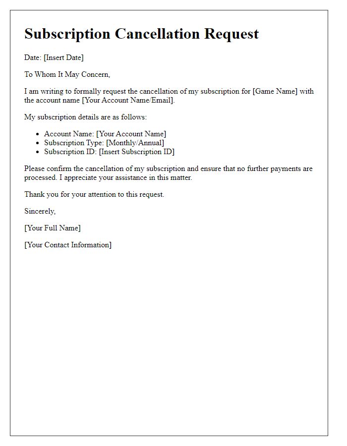 Letter template of online game subscription cancellation request.