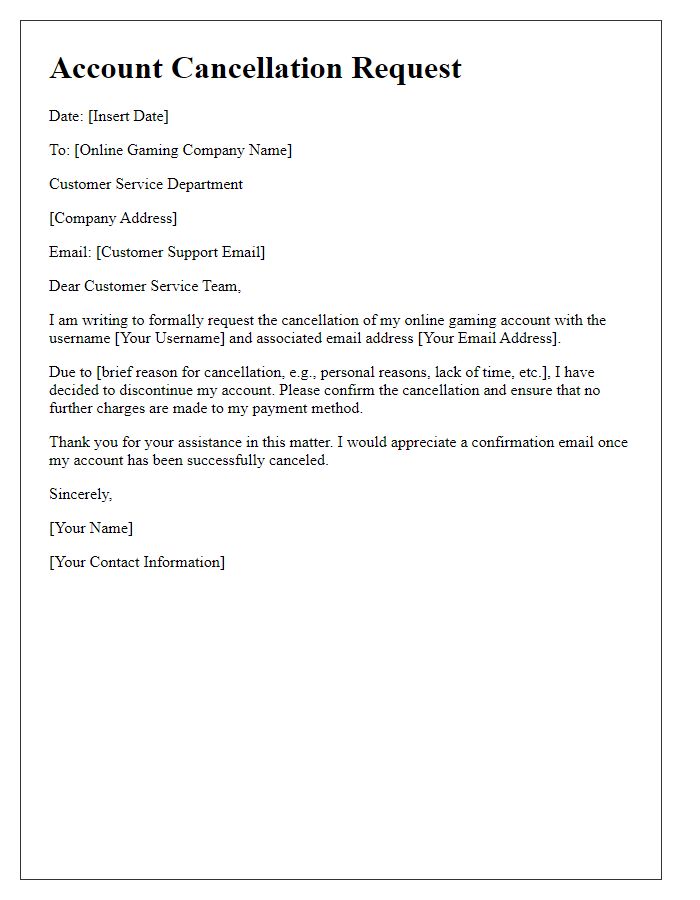 Letter template of online gaming account cancellation.